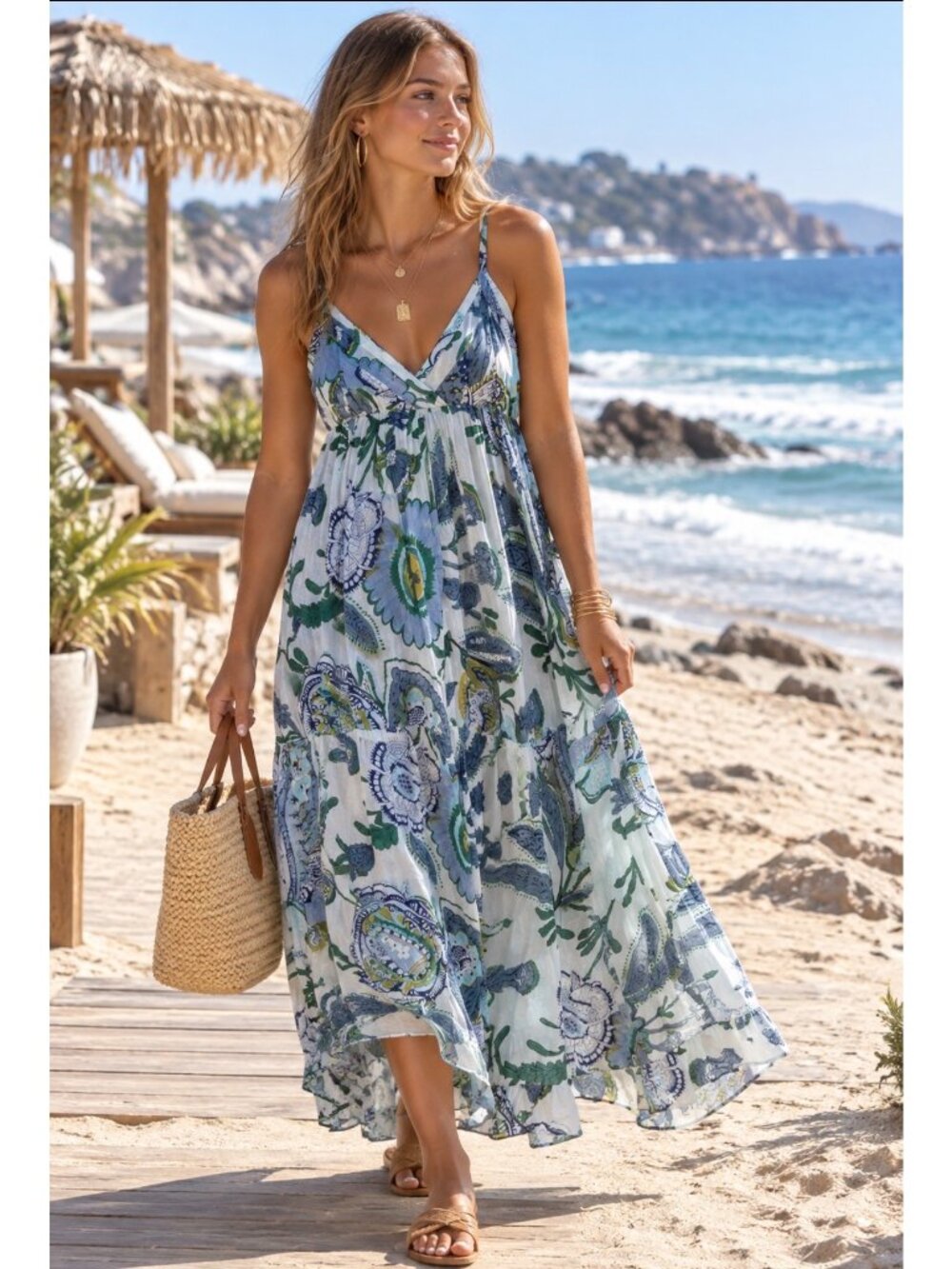 Derek Heart Floral Cotton Maxi Dress Adjustable Straps Blue & Green Print Size S
